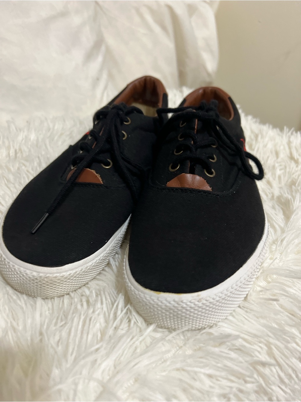 Polo by Ralph Lauren Black Canvas Sneakers Brown Collar Red Logo Very Clean! - Picture 3 of 8